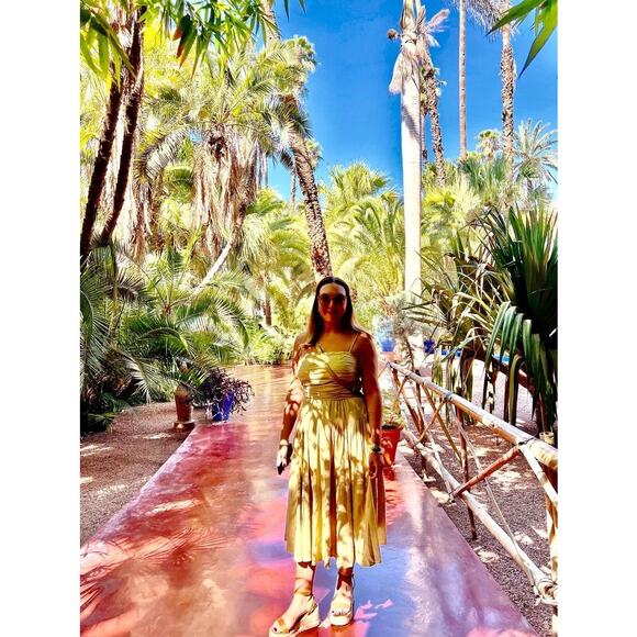 TOCCIN x RTR Brown Khaki Square Neck Ruched Bodice Tie Waist Midi Dress Size 8 - Picture 8 of 11